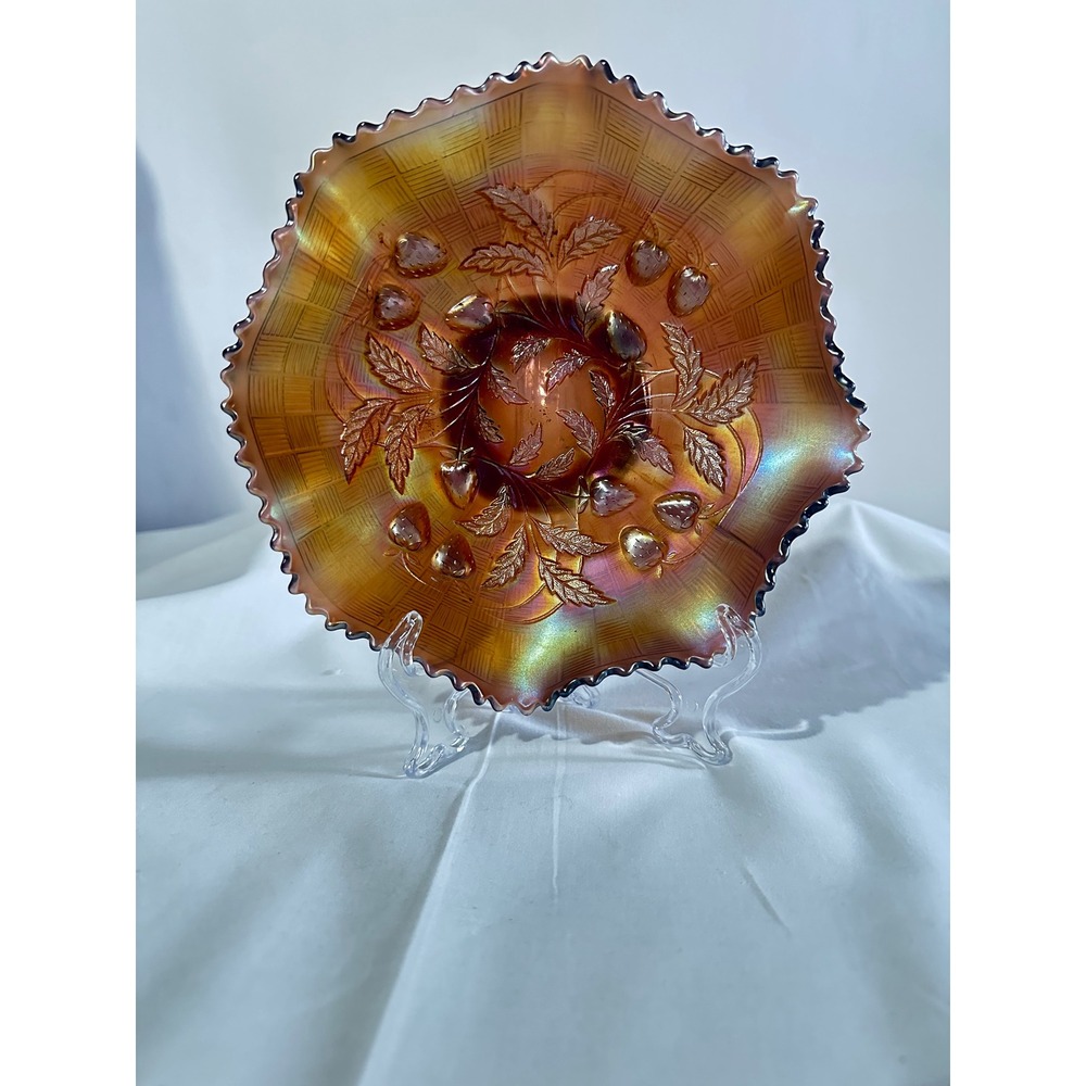 Northwood Carnival Glass Strawberry Basketweave‎ Bowl Marigold Amethyst 8.5"